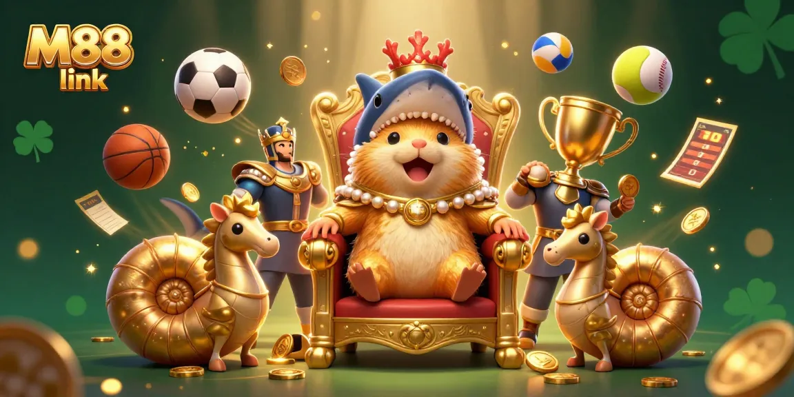 Bet on M88 link with vibrant casino elements featuring a golden hamster king and sports gambling symbols.