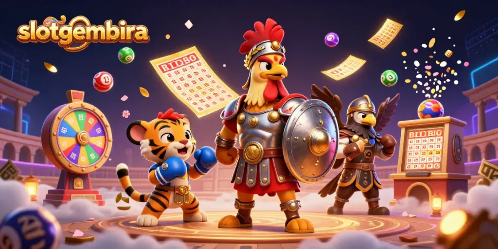 Experience thrilling gameplay with slotgembira featuring an epic gladiator rooster in a vibrant casino scene.