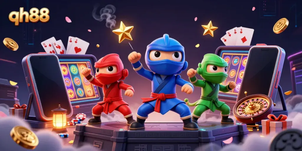 Engage with thrilling slot adventures at qh88 with stunning visuals of 3D ninja chameleons and casino elements.
