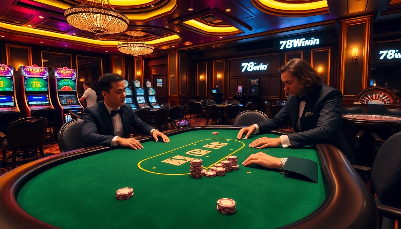 Engaging poker game featuring 78Win branding, luxurious casino environment with vibrant lighting.