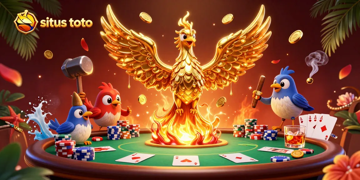 Situs toto menghidupkan kekayaan dalam permainan kasino dengan phoenix emas dan chip poker berderet.