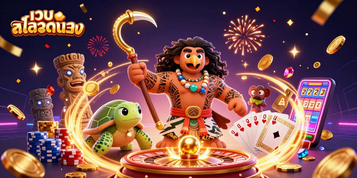 Engage in เว็บสล็อตตรง gameplay with a Polynesian demigod surrounded by casino elements.