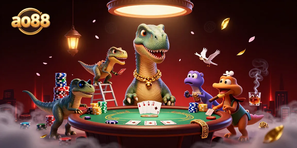 Experience the excitement of ao88 with a towering 3D brontosaurus overseeing a bustling casino scene filled with vibrant poker elements.