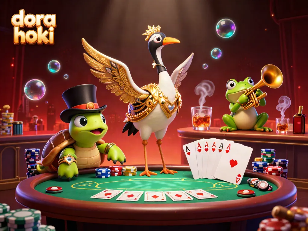 Dora hoki dalam taruhan kartu poker menampilkan suasana kasino yang meriah dengan karakter unik.