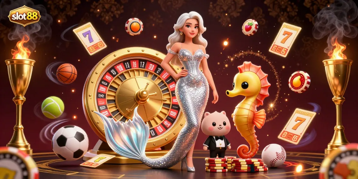 Win big with slot88 in a lively casino scene featuring a glamorous woman, roulette wheel, and playful seahorse.
