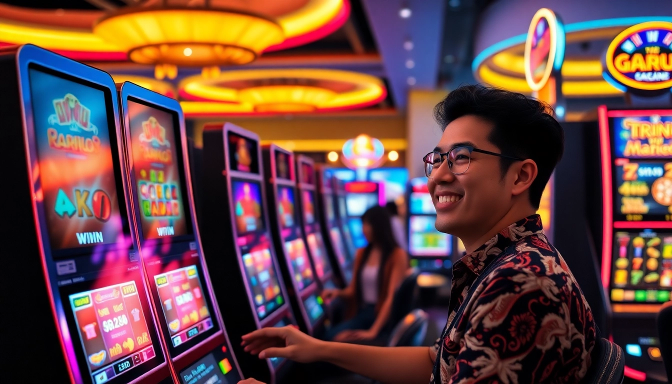 Excited player enjoys slot gacor experience at vibrant casino in Indonesia.
