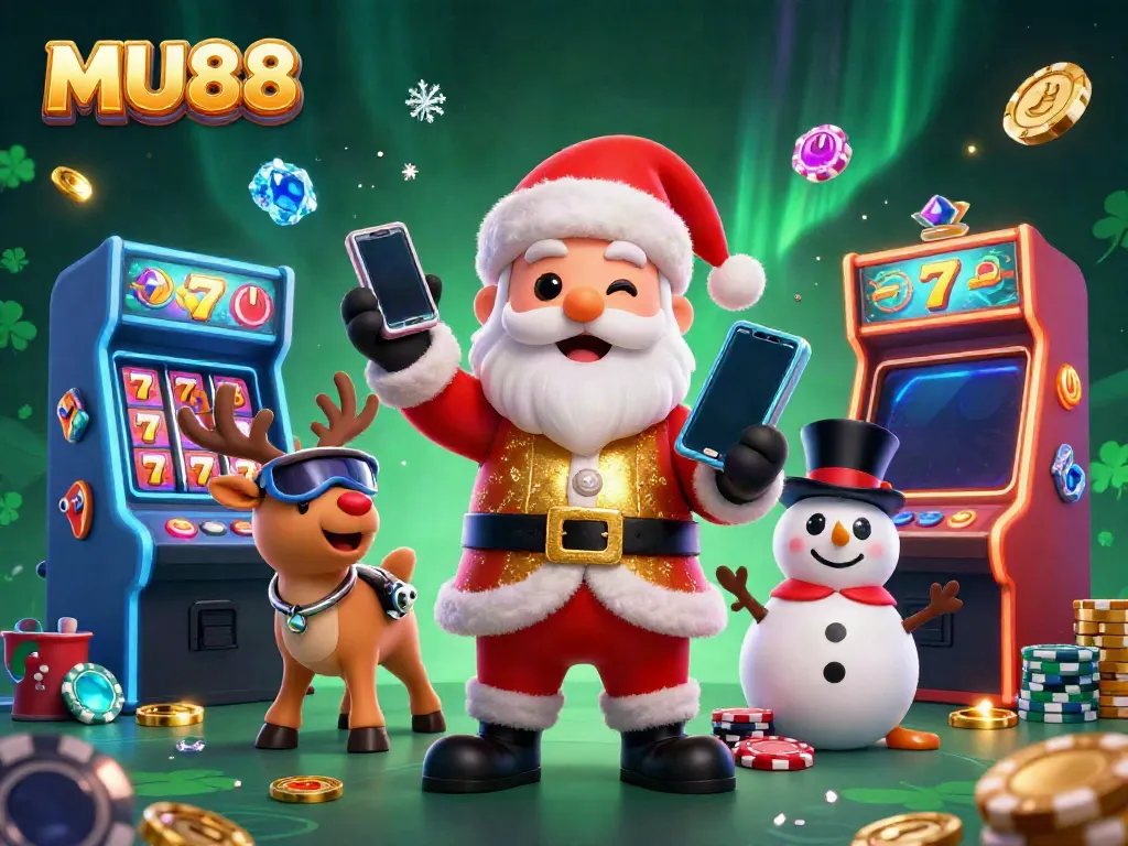 Experience thrilling jackpots at MU88 with Santa and friends in a vibrant casino scene.