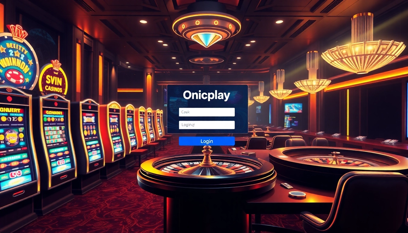 Experience the thrill of an Onicplay login in a luxurious online casino setting featuring vibrant slot machines.
