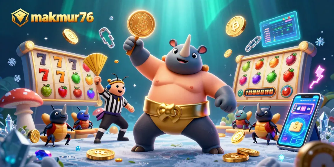 Experience vibrant action at makmur76 with an exciting 3D scene of a rhinoceros beetle sumo champion and casino elements.