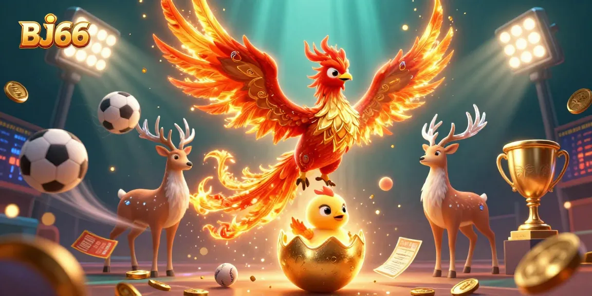 BJ66 showcases an energetic scene with a phoenix, baby chick, and stag amidst dynamic sports betting elements.