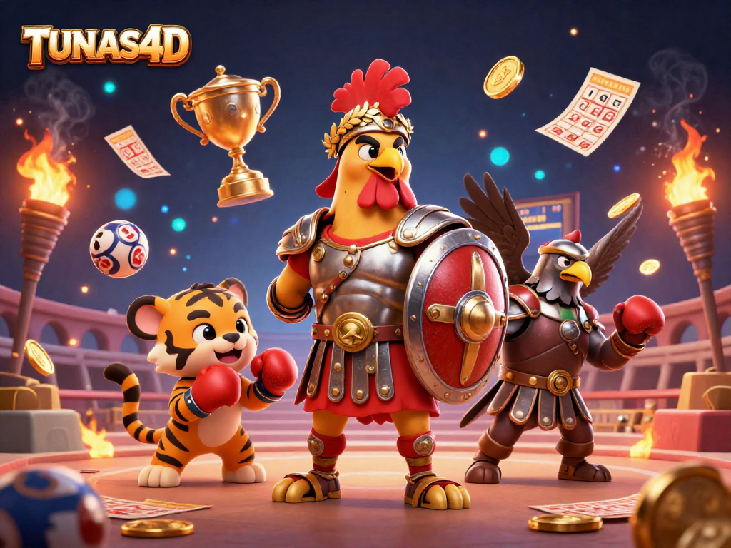 Engage with TUNAS4D's dynamic lottery experience, featuring vibrant elements like bingo cards and triumphant trophies.