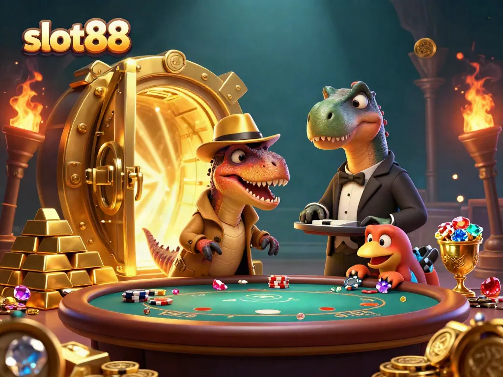 Experience the thrill of slot88 with a velociraptor at a blackjack table amidst treasures and excitement.
