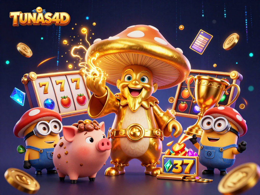 TUNAS4D slot wizard conjuring gold, surrounded by dynamic game elements and treasures