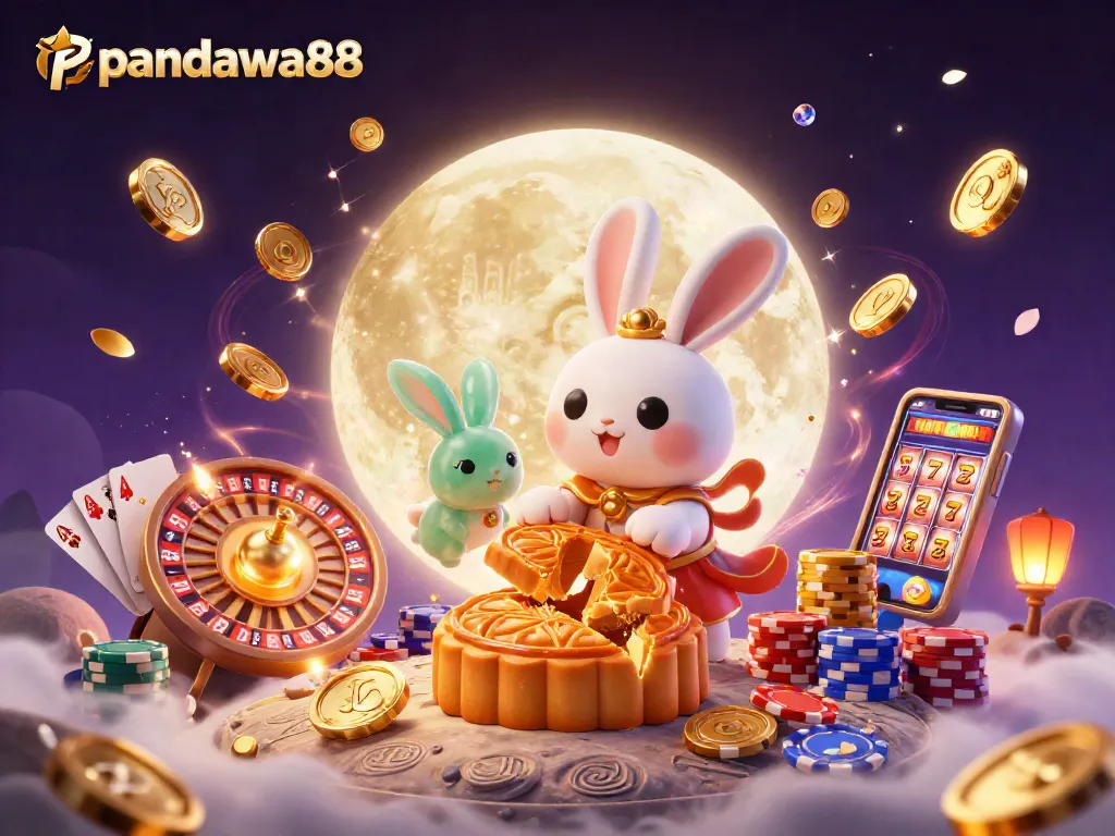 Pandawa88 dan kelinci bulan mengungkapkan chip poker dalam latar belakang kasino yang megah.