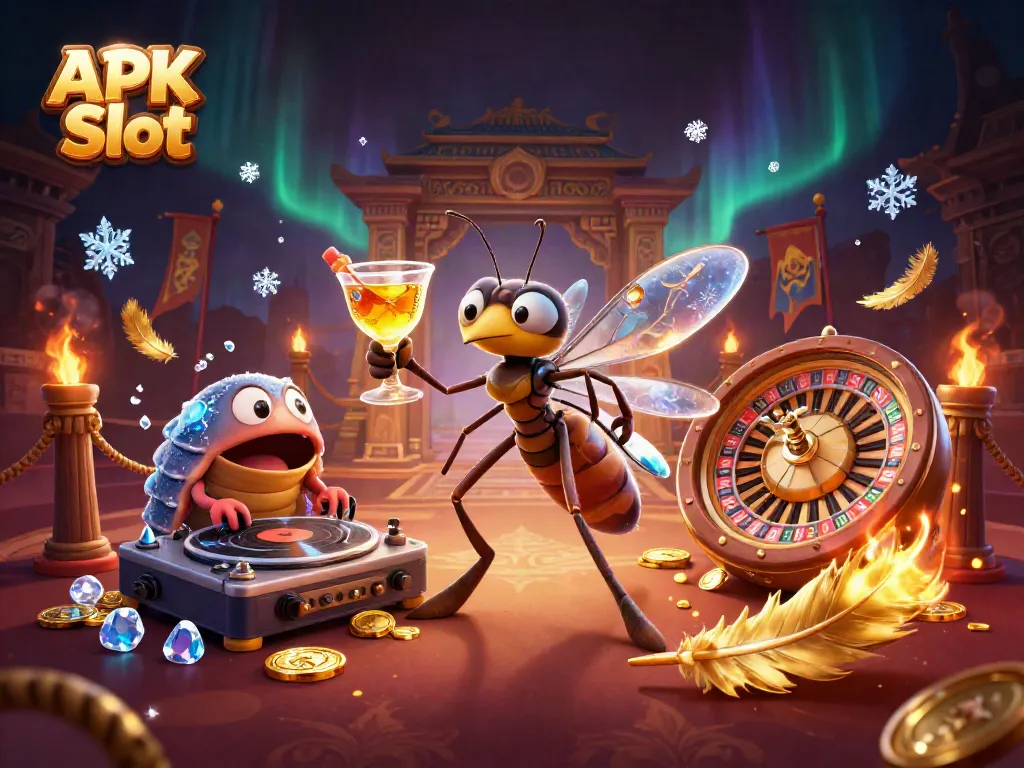 Engage with APK Slot, a thrilling casino scene showcasing a vibrant mascot and unique gaming elements.