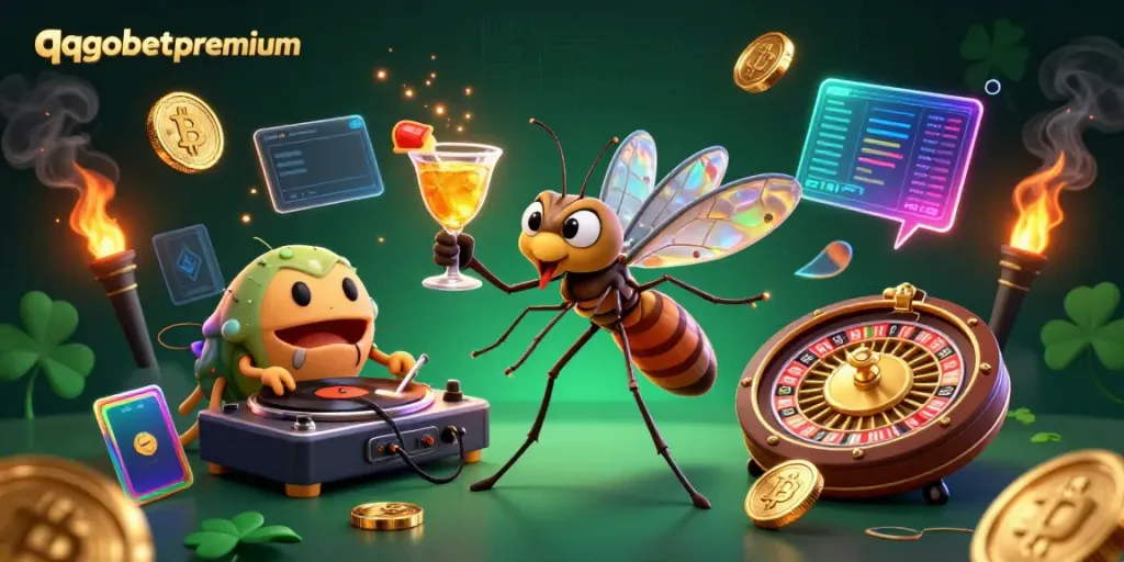 Engage with exciting gameplay at qqgobetpremium, featuring a unique casino illustration with vibrant characters and elements.