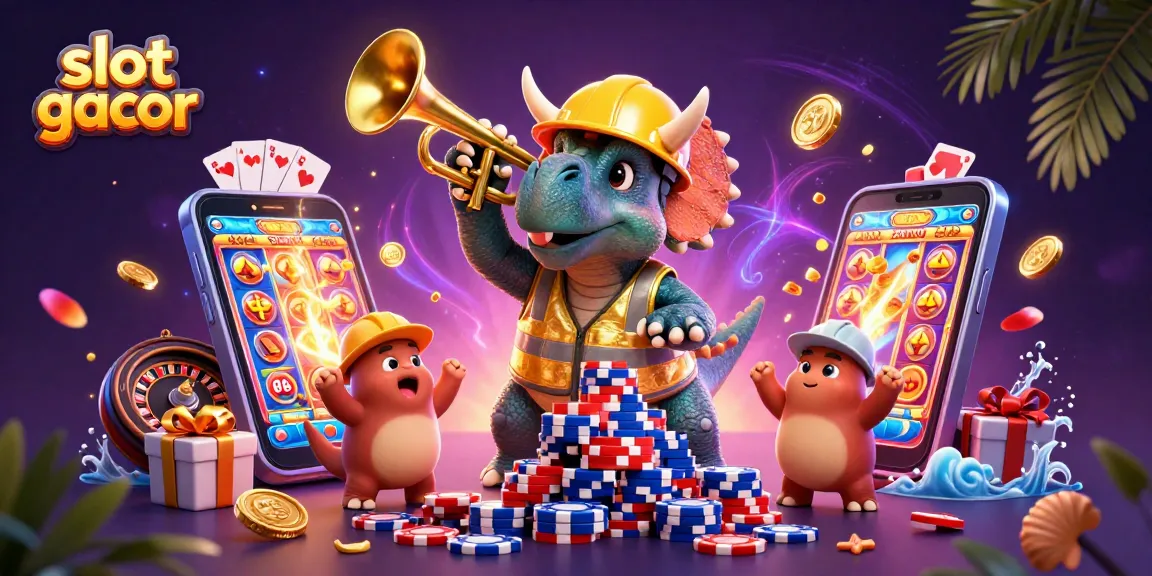 Engage with slot gacor excitement as a triceratops builds poker chips while celebrating a big win!