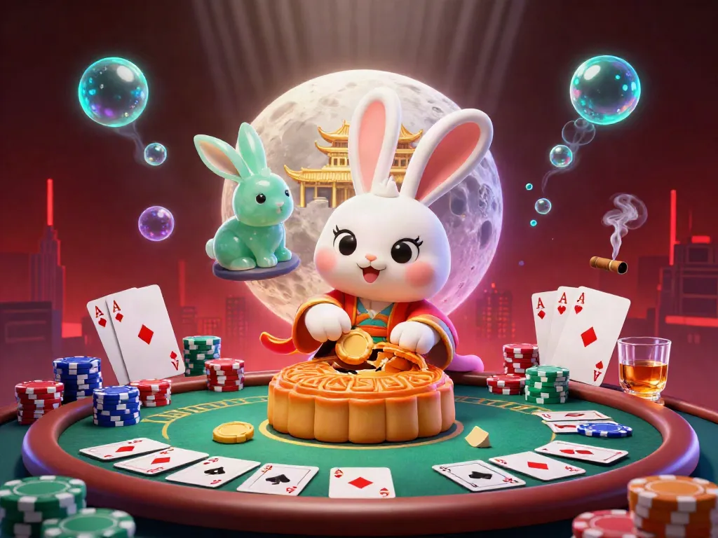 MPO08 showcases the moon rabbit and jade rabbit playing poker amidst vibrant casino elements.