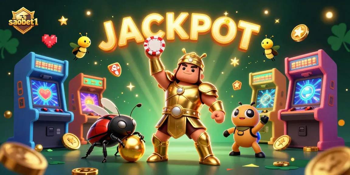 Experience thrilling wins at saobet1 with vibrant casino-themed illustration featuring beetles and jackpots.