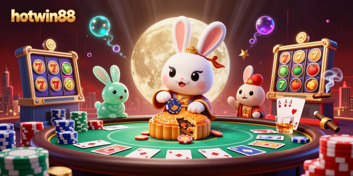 Engage with hotwin88's winning slots as the moon rabbit reveals poker chips from mooncakes.