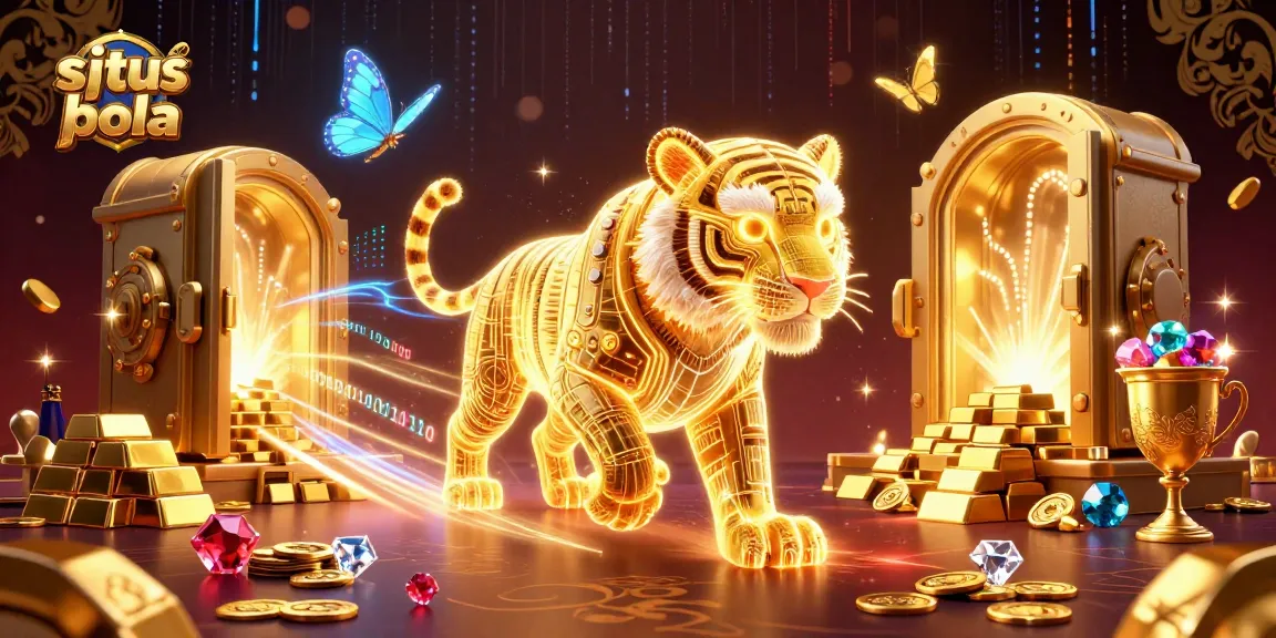 Engage in thrilling sports betting with situs judi bola, featuring a vibrant golden tiger and glowing treasures.