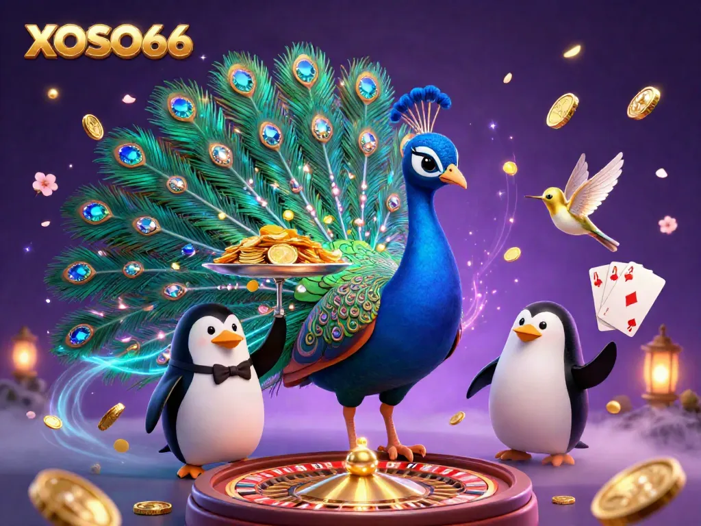 Experience XOSO66's vibrant casino scene, featuring an aristocratic peacock, a butler penguin, and sparkling gems.