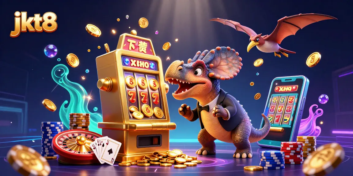 Mengalahkan jackpot di jkt8 dengan dinosaurus dan mesin slot dalam ilustrasi kasino yang memikat.