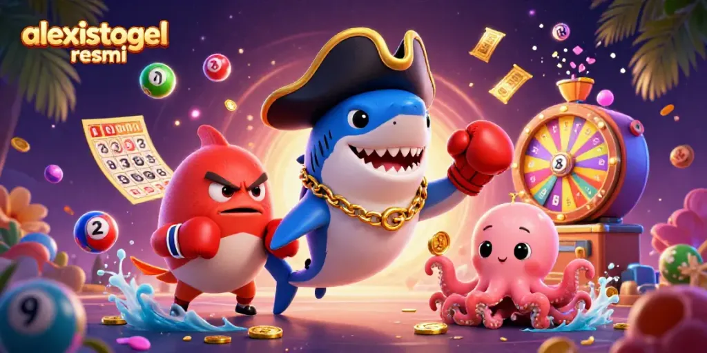 Genggam jackpot di alexistogel resmi dengan karakter bermain lotere ceria dan elemen kasino meriah.