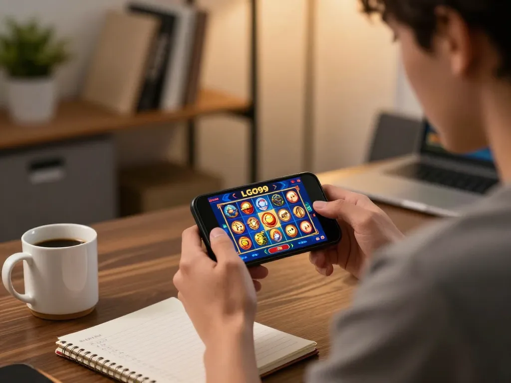 LGO99 player engaged with mobile app in modern home office, showcasing immersive gameplay.