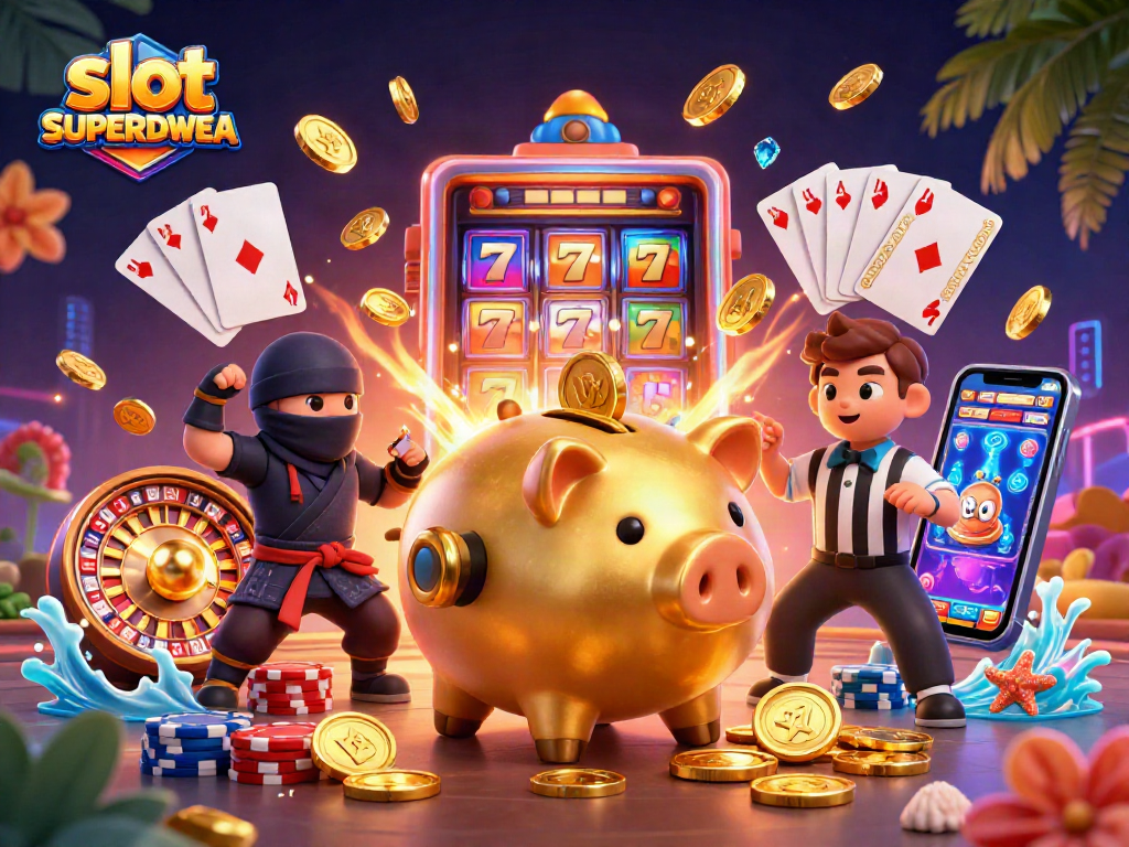Watch the epic slot SUPERDWEA showdown with a golden piggy bank sumo wrestler, wallet ninja, and credit-card samurai!