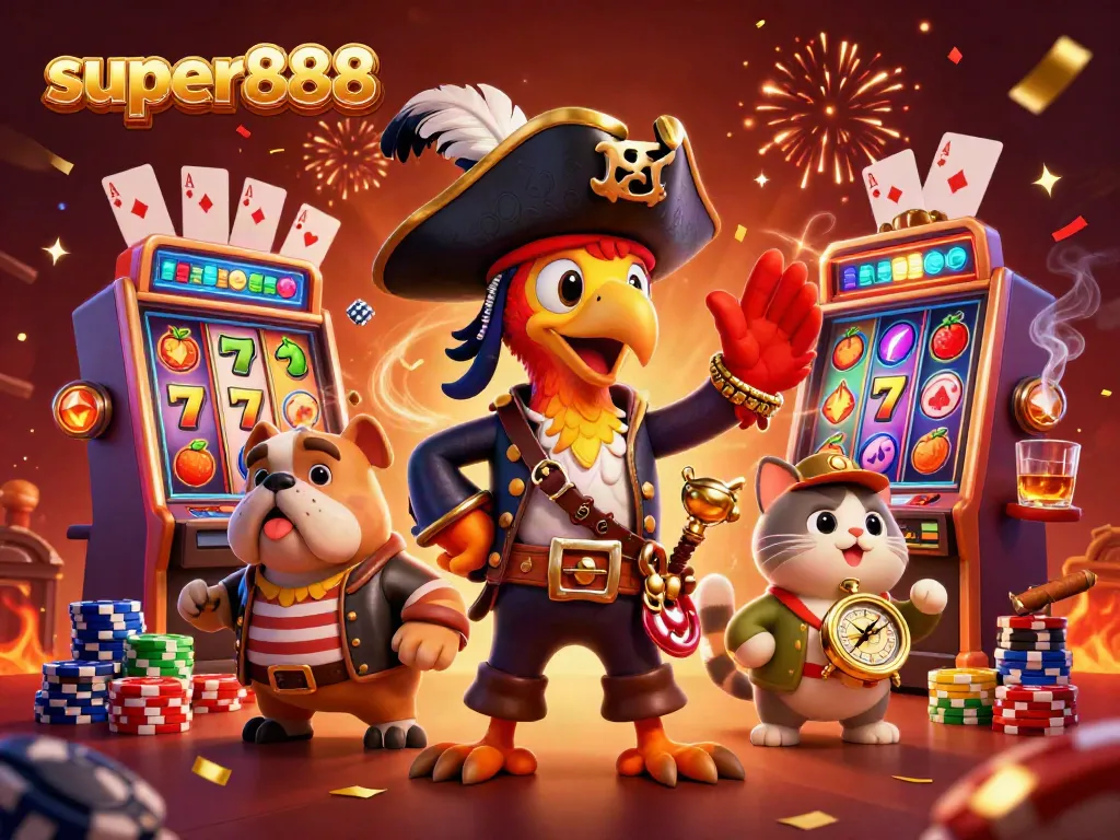 Menangkan hadiah di super888 dengan karakter kartun ceria dalam suasana kasino yang meriah.
