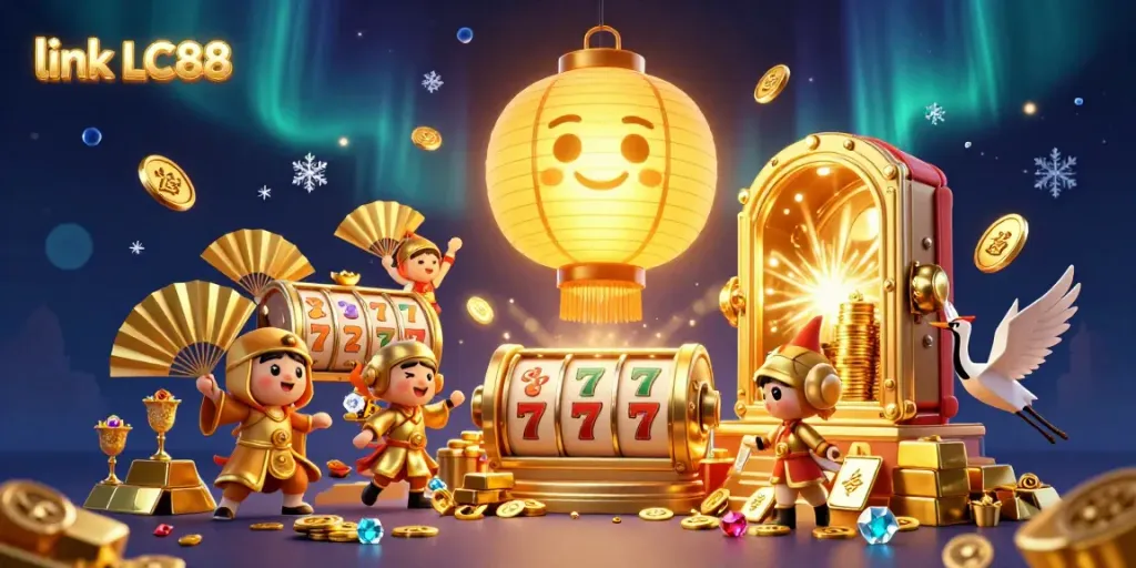 Experience winning moments at link LC88's casino featuring vibrant lanterns and golden treasures.