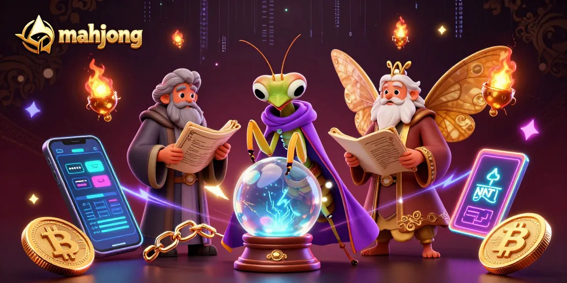 Engage in mahjong strategy with fortune teller and librarian amidst glowing crypto elements.