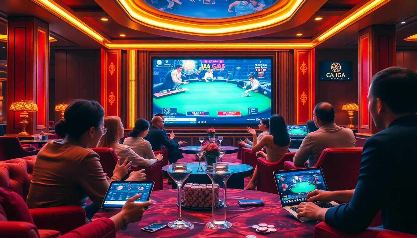 Experience đá gà trực tiếp in a vibrant casino environment filled with excited gamblers engaging in live betting.