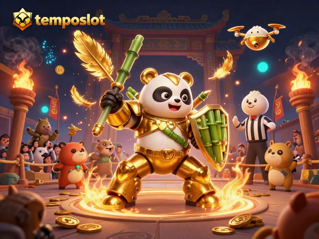 Experience thrilling gameplay at temposlot with a golden panda battling in an exciting arena atmosphere.