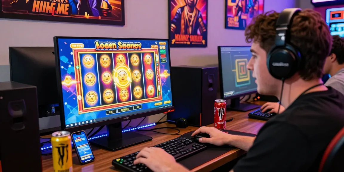 Exciting online slot gaming scene with colorful reels and enthusiastic player.