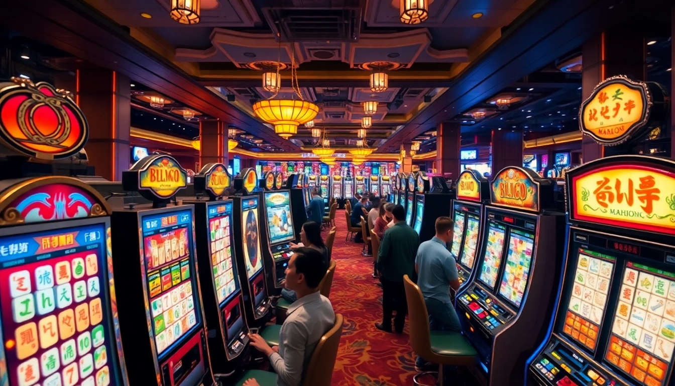 Menangkan jackpot besar di slot mahjong yang menampilkan mesin cerah dan pemain yang antusias.