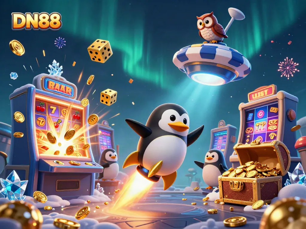 Experience the thrill of DN88 with a golden penguin racing towards a vibrant casino space station.