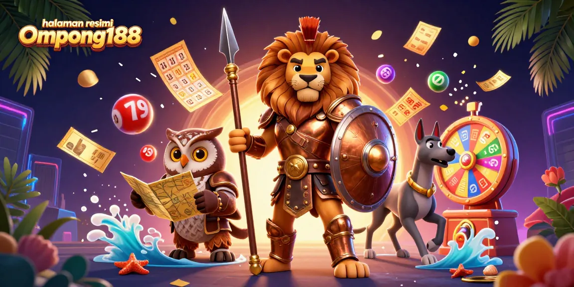 Gambar menarik halaman resmi Ompong188 menampilkan karakter kasino dengan bola lotere berwarna-warni.