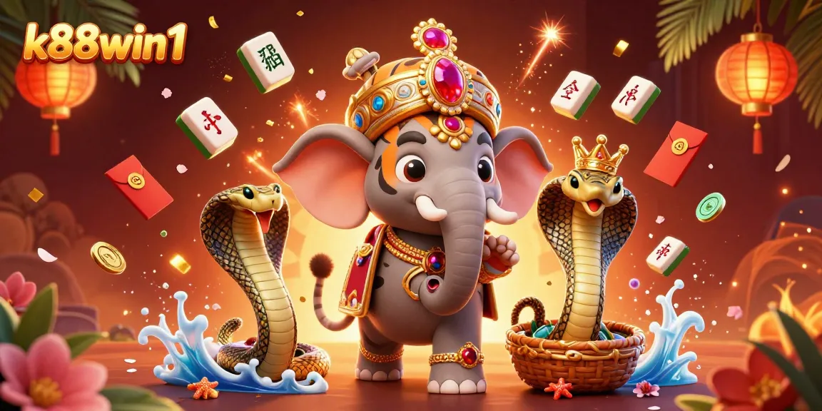Engage with the k88win1 gaming experience featuring vibrant characters, slot elements, and festive symbols.