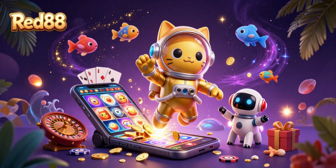 Spin to win at Red88 with a dynamic 3D gaming scene featuring slots, cards, and space characters!