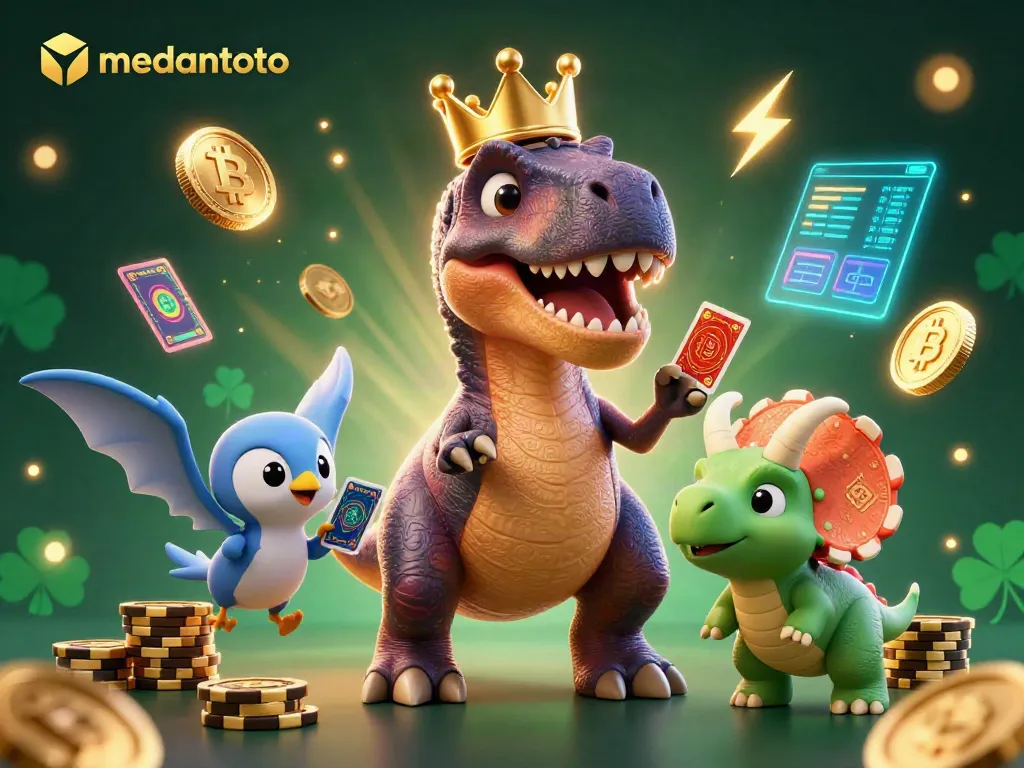 Medantoto menampilkan T-Rex ramah yang memainkan kartu dengan bantuan pterodactyl dan triceratops yang menumpuk chip emas.