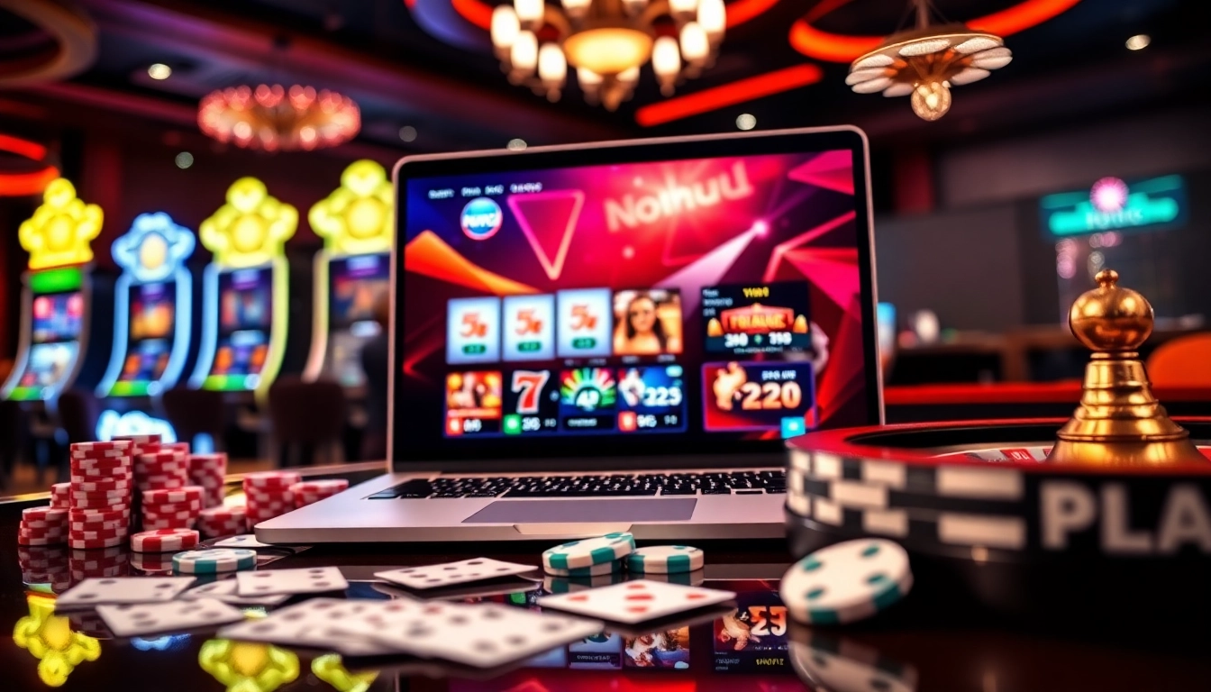 Nohu90 online gaming interface displayed on a luxurious casino table with vibrant slot machines.