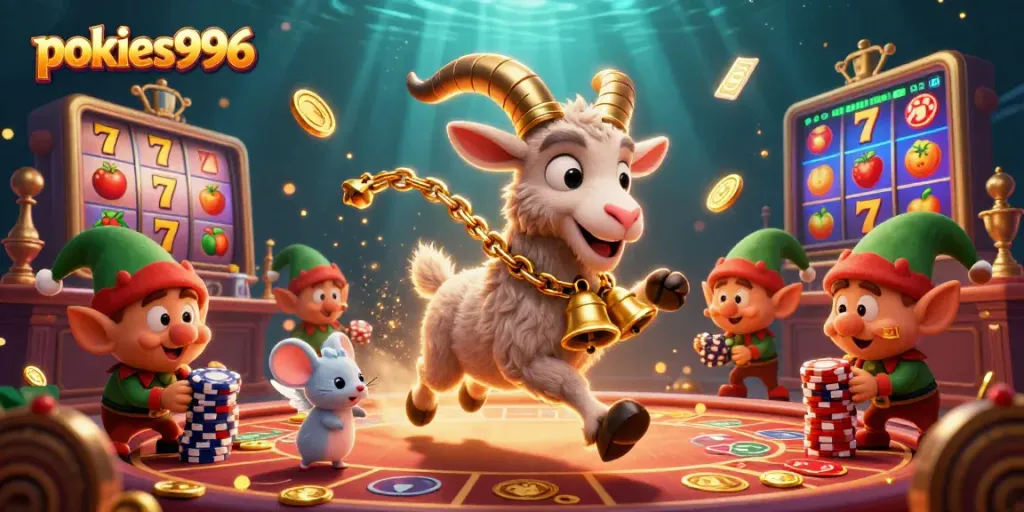 Experience the pokies996 excitement with a festive casino scene featuring slot reels, playful characters, and vibrant energy.