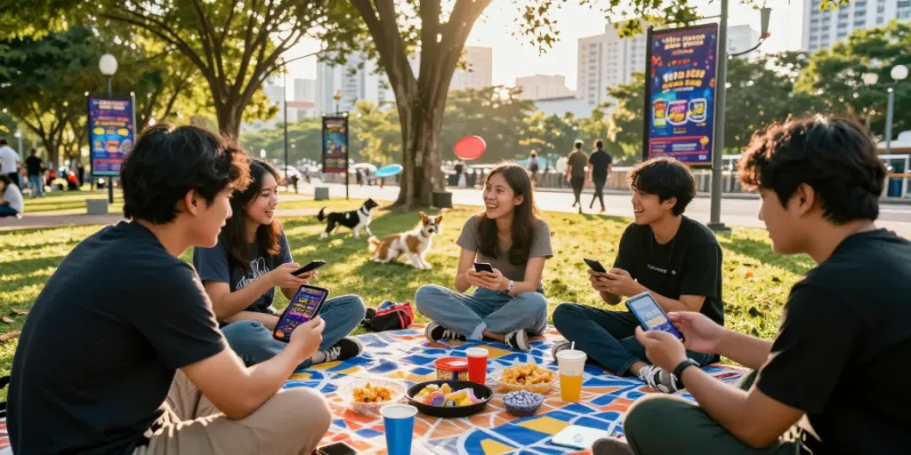 Teman-teman menikmati permainan situs gacor di taman kota yang cerah