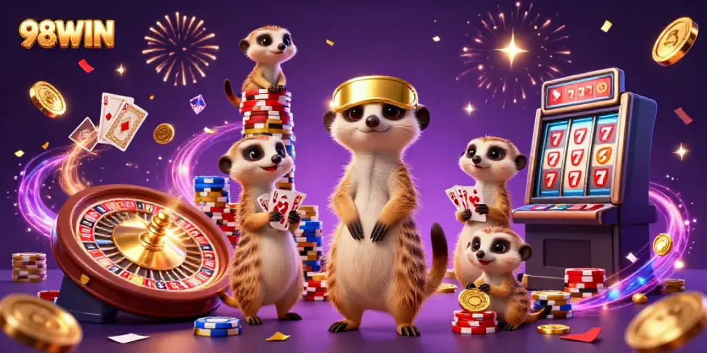 Experience the excitement of 98WIN as cartoon meerkats run an elaborate casino scene filled with action and vibrant magic.