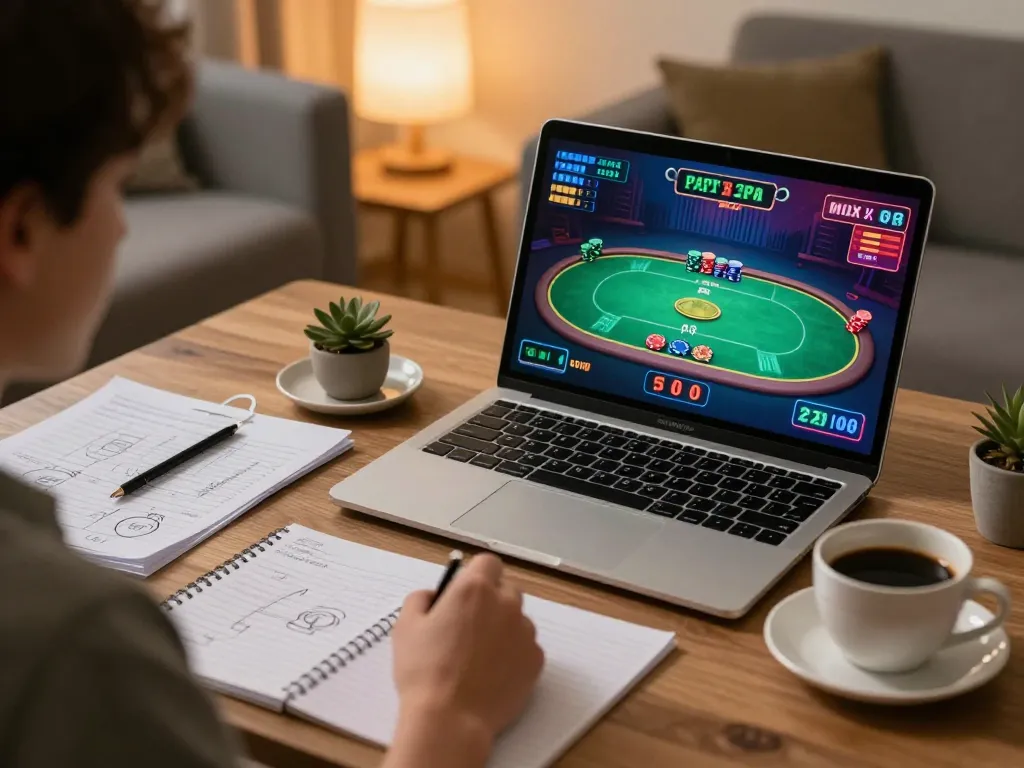 Player strategizing poker game on 99OK's online platform in a cozy home setup.