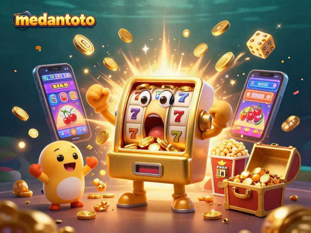 Medantoto menunjukkan mesin slot yang memukau mengeluarkan koin jackpot dalam permainan, dikelilingi simbol-simbol keberuntungan.