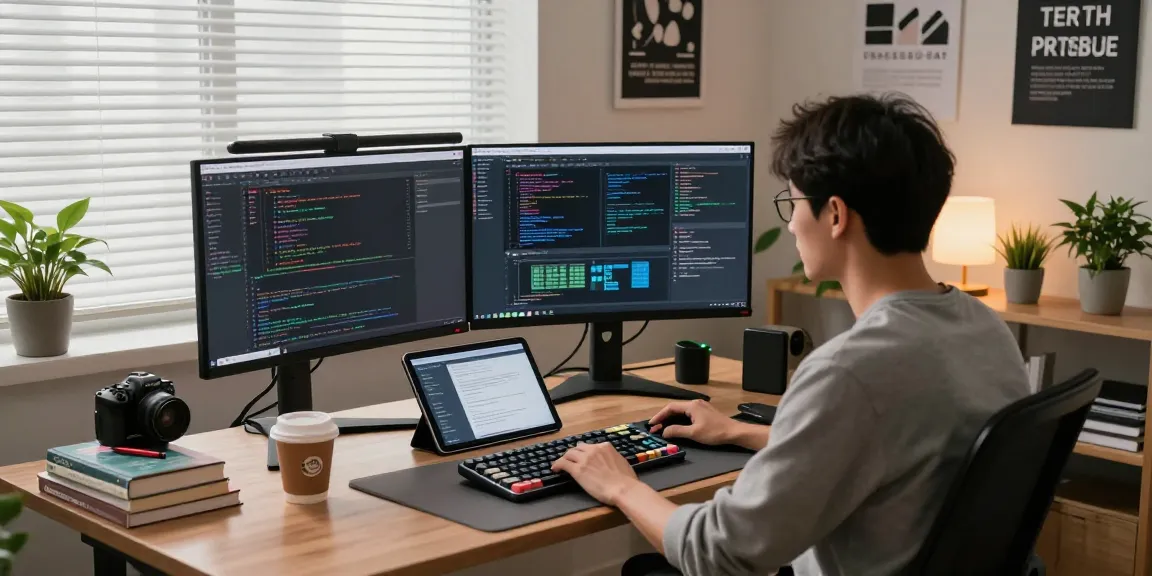 Ruang kerja pengembang perangkat lunak di https://predictplay.io/ dengan meja modern, monitor menampilkan kode dan desain antarmuka.