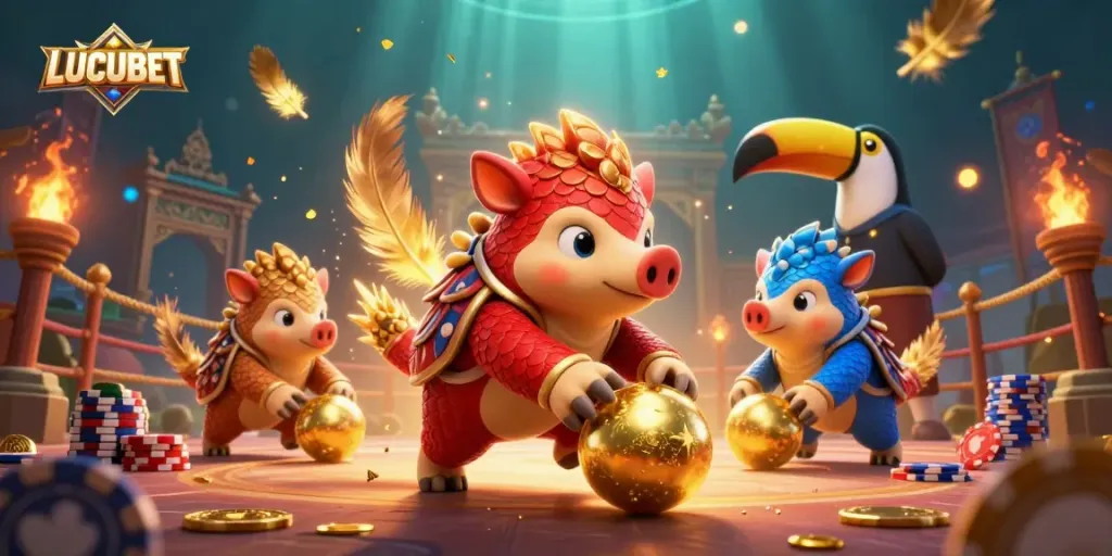 LUCUBET pangolins compete in a dynamic gambling scene with poker chips and confetti.